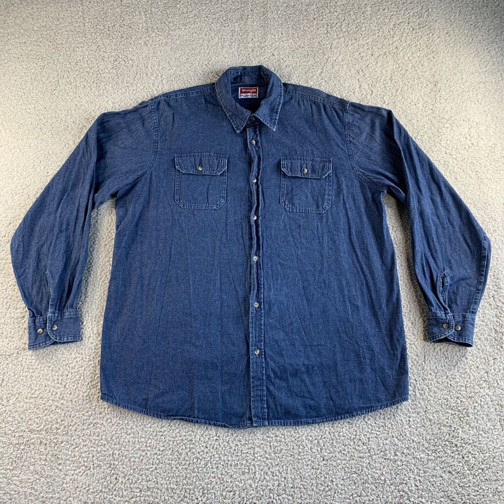 Wrangler Shirt Mens XLT Tall Blue Denim Button Up‎ Western Cowboy Rockabilly
